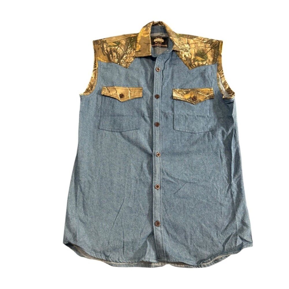 Guide Gear Custom Sleeveless Denim Western Shirt Mens M Camo Yoke